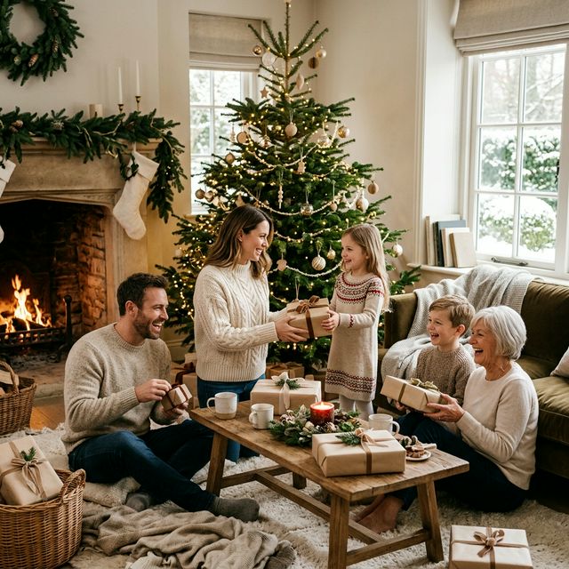 Familia compartiendo regalos de Navidad